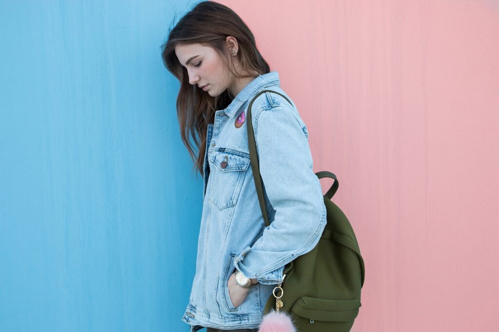 woman, brunette, denim jacket, fashion, backpack, style, stylish woman, model, young woman, female, denim, jacket, clothing, bag, girl, woman, woman, woman, fashion, fashion, fashion, fashion, fashion, model, model, clothing, bag